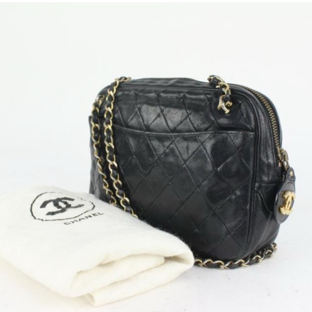 CHANEL Black Quilted Lambskin Camera Bag Gold Chain 1014c7